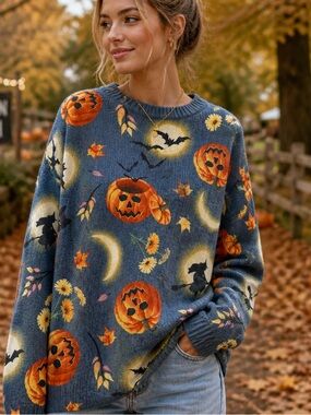 Cozy Halloween Sweater Pumpkin Moon Bat Gray Blue Fall Knit